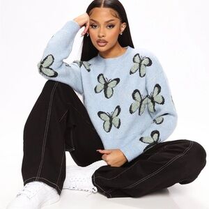 Dreamers Butterfly Print Sweater Blue size L